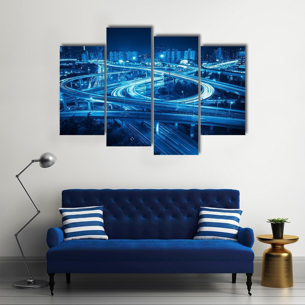 Interchange Overpass At Night Shanghai Canvas Wall Art-4 Pop-Gallery Wrap-50&quot; x 32&quot;-Tiaracle