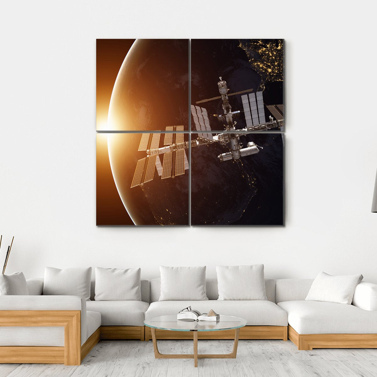 International Space Station Over Planet Earth Canvas Wall Art-4 Square-Gallery Wrap-17" x 17"-Tiaracle