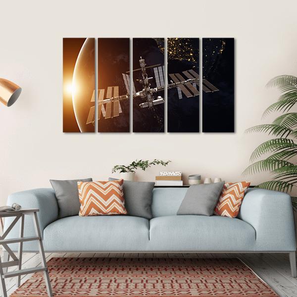 International Space Station Over Planet Earth Canvas Wall Art-5 Horizontal-Gallery Wrap-22" x 12"-Tiaracle
