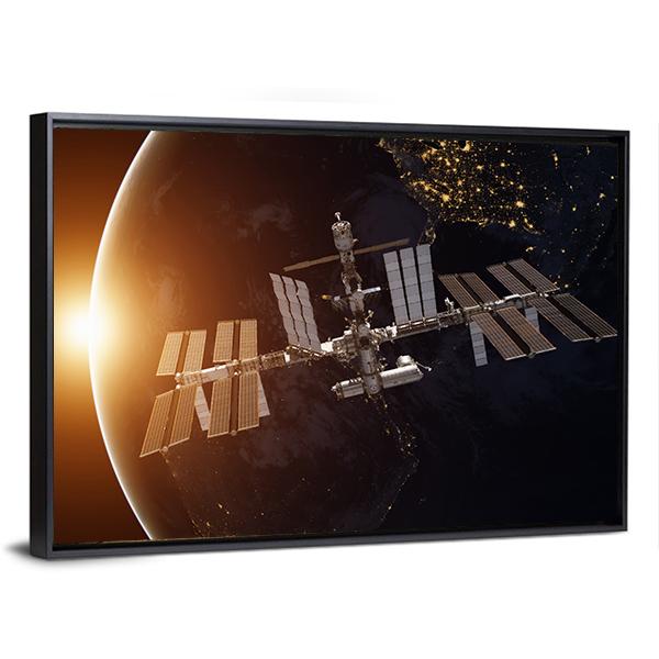 International Space Station Over Planet Earth Canvas Wall Art-3 Horizontal-Gallery Wrap-25" x 16"-Tiaracle