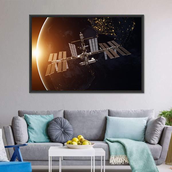 International Space Station Over Planet Earth Canvas Wall Art-3 Horizontal-Gallery Wrap-25" x 16"-Tiaracle