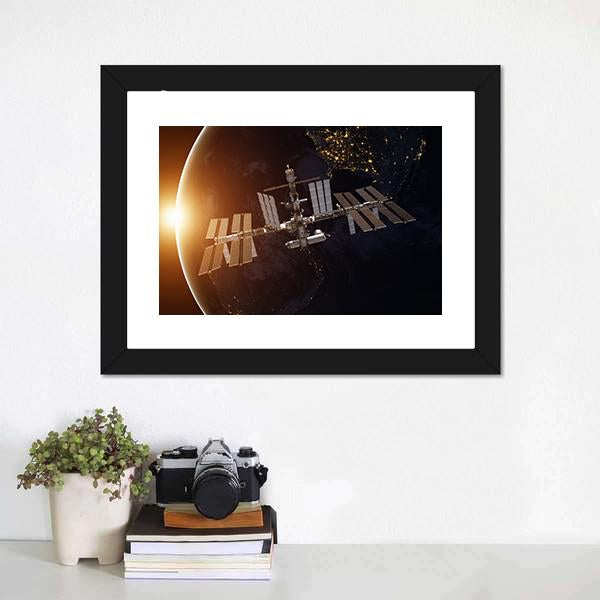 International Space Station Over Planet Earth Canvas Wall Art-1 Piece-Framed Print-20" x 16"-Tiaracle