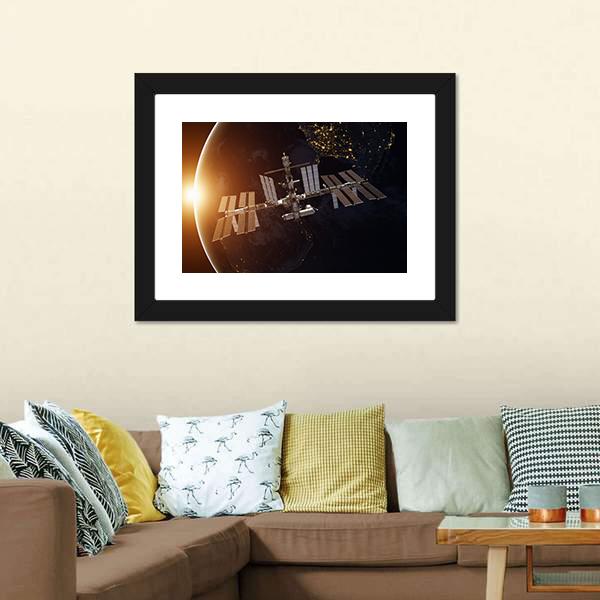 International Space Station Over Planet Earth Canvas Wall Art-5 Horizontal-Gallery Wrap-22" x 12"-Tiaracle