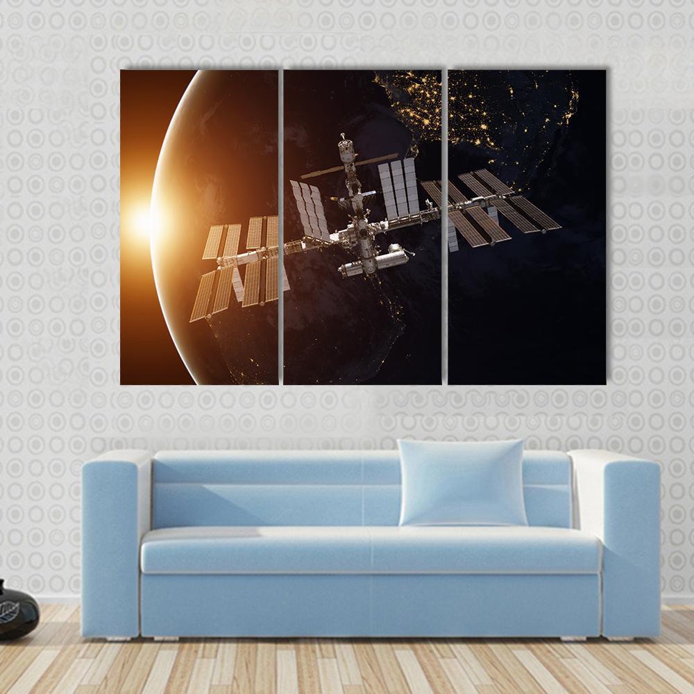 International Space Station Over Planet Earth Canvas Wall Art-3 Horizontal-Gallery Wrap-37" x 24"-Tiaracle
