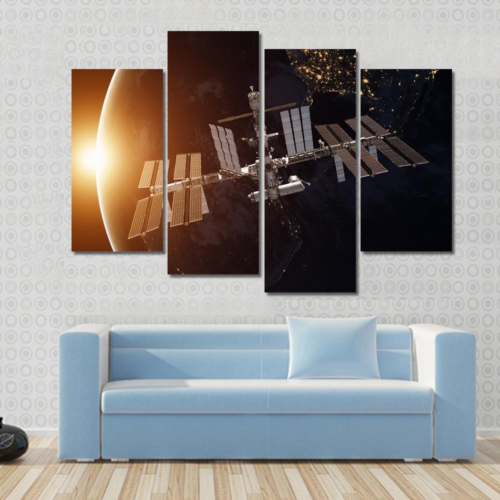International Space Station Over Planet Earth Canvas Wall Art-4 Pop-Gallery Wrap-50" x 32"-Tiaracle