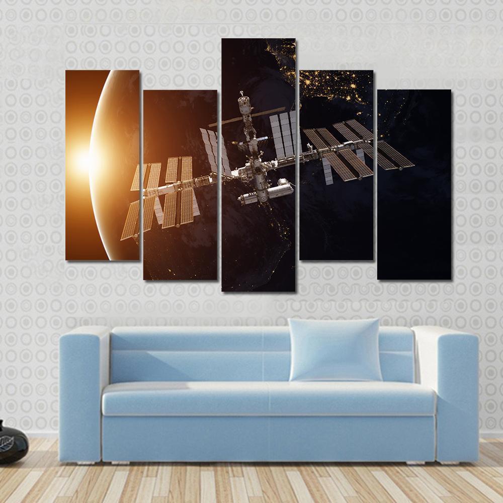 International Space Station Over Planet Earth Canvas Wall Art-5 Pop-Gallery Wrap-47" x 32"-Tiaracle