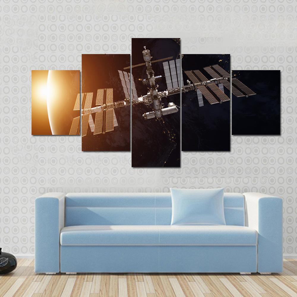 International Space Station Over Planet Earth Canvas Wall Art-5 Star-Gallery Wrap-62" x 32"-Tiaracle