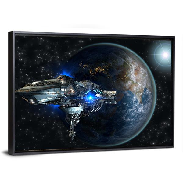 Interstellar Spaceship Leaving Earth Canvas Wall Art-3 Horizontal-Gallery Wrap-25" x 16"-Tiaracle