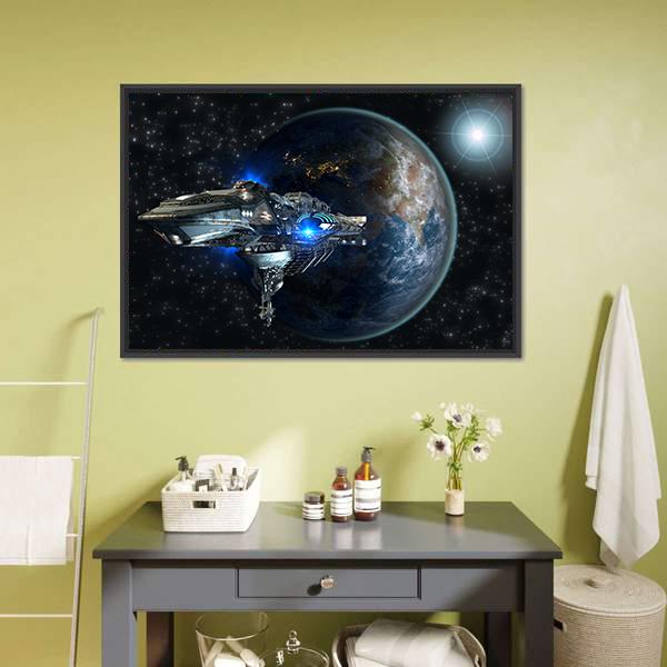Interstellar Spaceship Leaving Earth Canvas Wall Art in black, gray and blue, framed canvas, product view on a white background