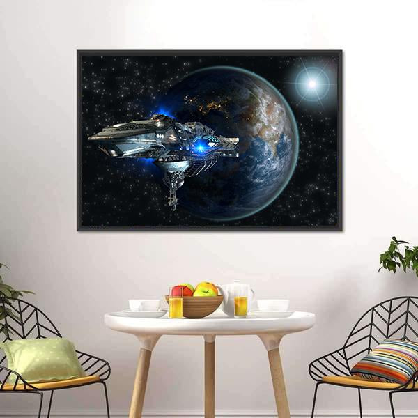 Interstellar Spaceship Leaving Earth Canvas Wall Art-3 Horizontal-Gallery Wrap-25" x 16"-Tiaracle