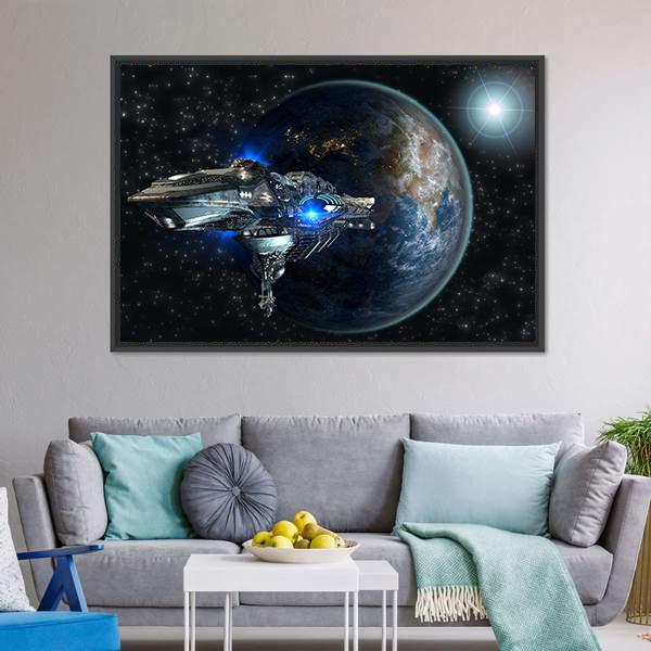 Interstellar Spaceship Leaving Earth Canvas Wall Art-3 Horizontal-Gallery Wrap-25" x 16"-Tiaracle