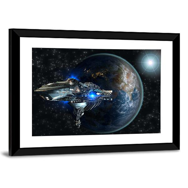 Interstellar Spaceship Leaving Earth Canvas Wall Art-3 Horizontal-Gallery Wrap-25" x 16"-Tiaracle