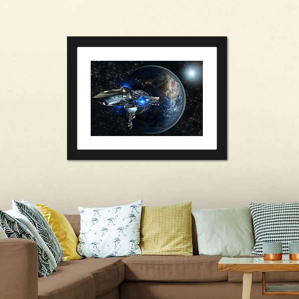 Interstellar Spaceship Leaving Earth Canvas Wall Art-3 Horizontal-Gallery Wrap-25" x 16"-Tiaracle