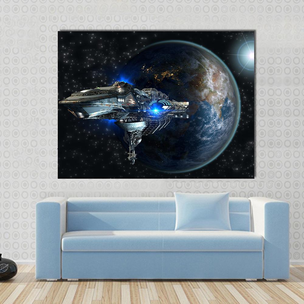 Interstellar Spaceship Leaving Earth Canvas Wall Art-1 Piece-Gallery Wrap-48" x 32"-Tiaracle
