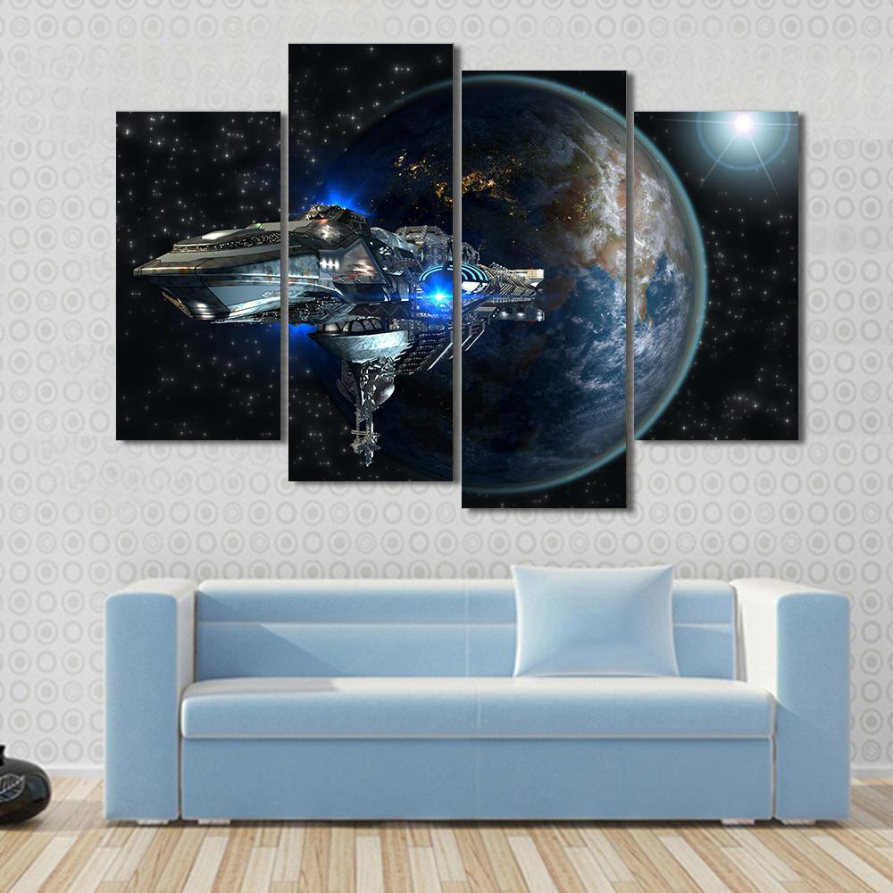 Interstellar Spaceship Leaving Earth Canvas Wall Art-5 Pop-Gallery Wrap-47" x 32"-Tiaracle
