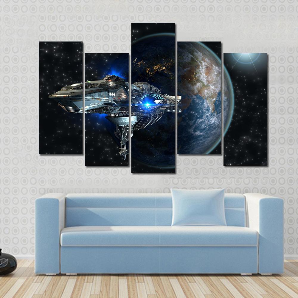 Interstellar Spaceship Leaving Earth Canvas Wall Art-5 Pop-Gallery Wrap-47" x 32"-Tiaracle