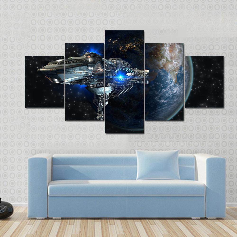 Interstellar Spaceship Leaving Earth Canvas Wall Art-5 Star-Gallery Wrap-62" x 32"-Tiaracle