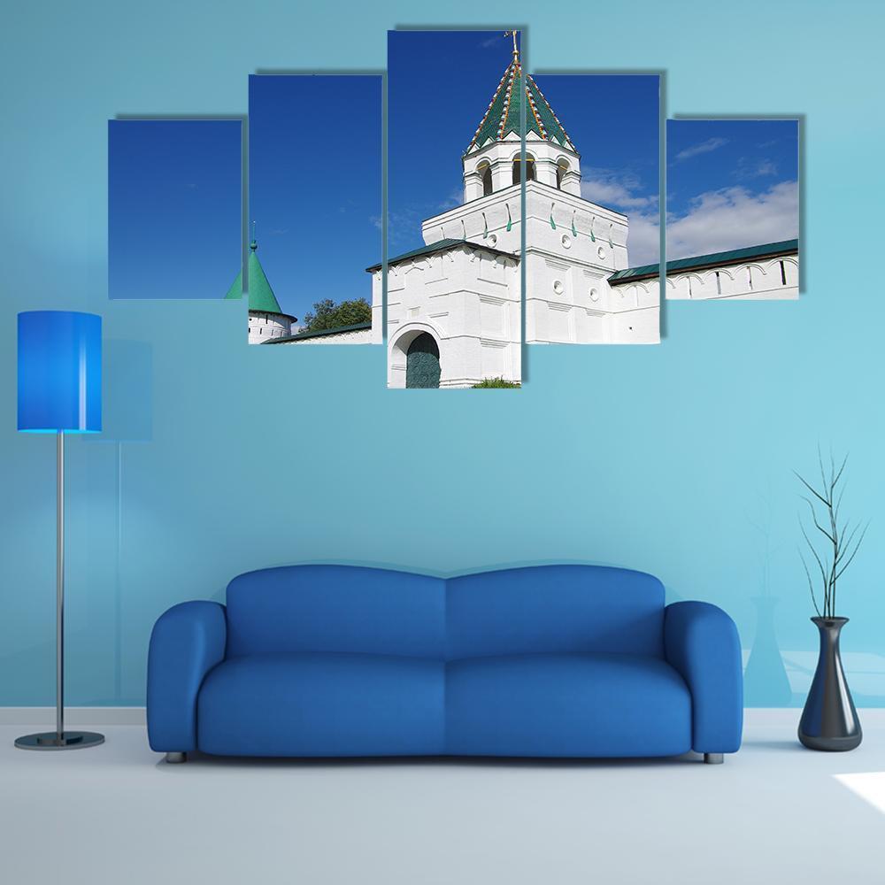 Ipatyevsky Monastery with Green Domes Canvas Wall Art in white, green and blue, 5 panel Star layout hung on a wall
