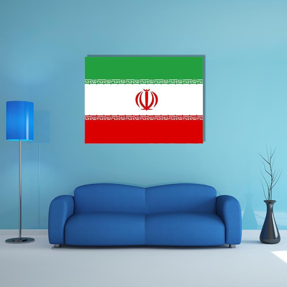 Iranian Flag with Central Emblem and Script Canvas Wall Art in white, red and green, single panel hung on a wall