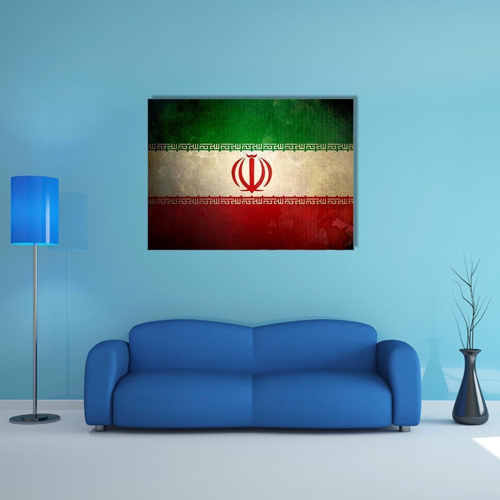 Grunge Iran Flag Canvas Wall Art in white, red and green, single panel hung on a wall
