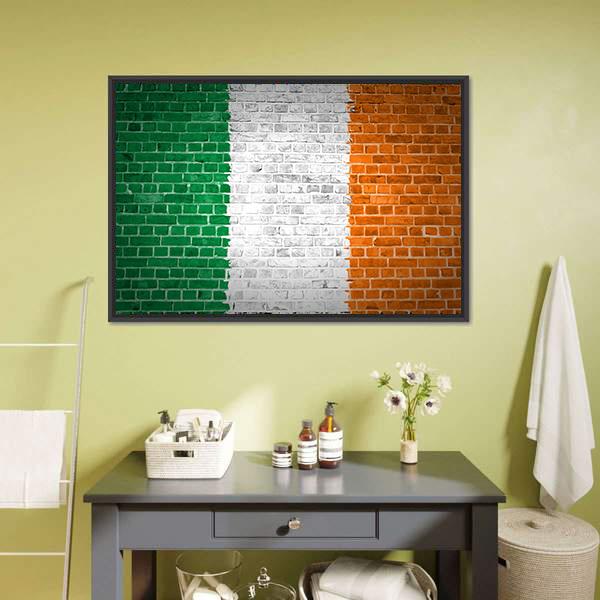 Irish Flag on Brick Canvas Wall Art in white, orange and green, framed canvas, product view on a white background