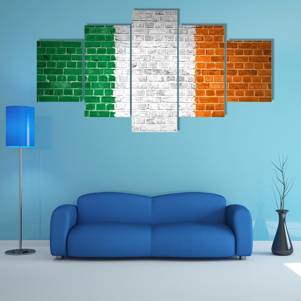Ireland Flag On Brick Wall Canvas Wall Art-5 Star-Gallery Wrap-62" x 32"-Tiaracle