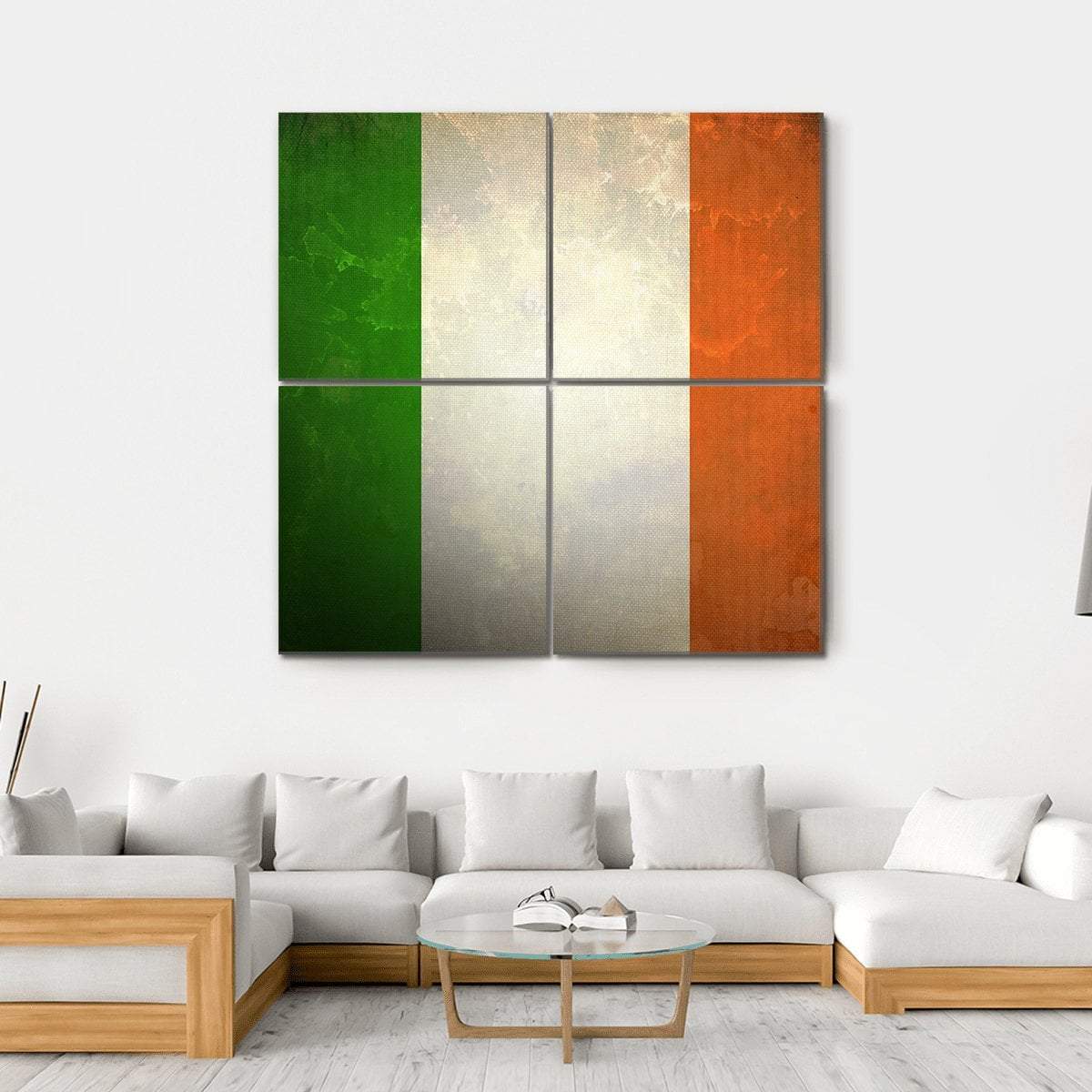 Grunge Irish Flag Canvas Wall Art in white, orange and green, hung on a wall