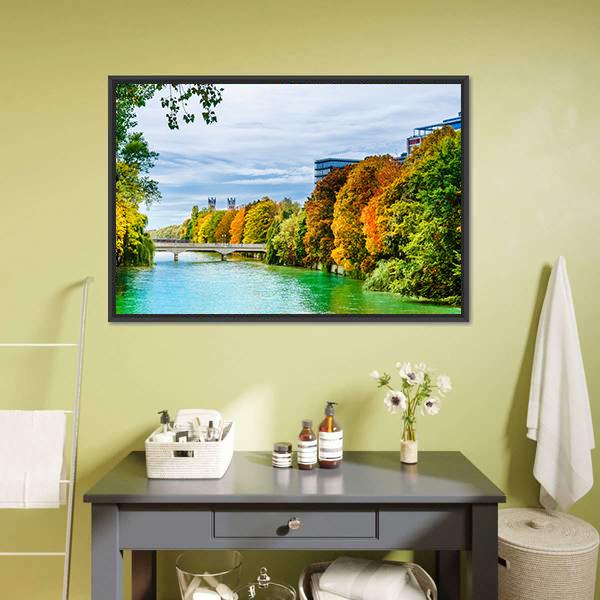 Isar River In Autumn Canvas Wall Art-1 Piece-Floating Frame-24" x 16"-Tiaracle