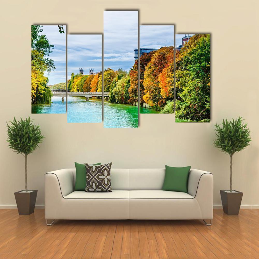 Isar River In Autumn Canvas Wall Art-5 Pop-Gallery Wrap-47" x 32"-Tiaracle