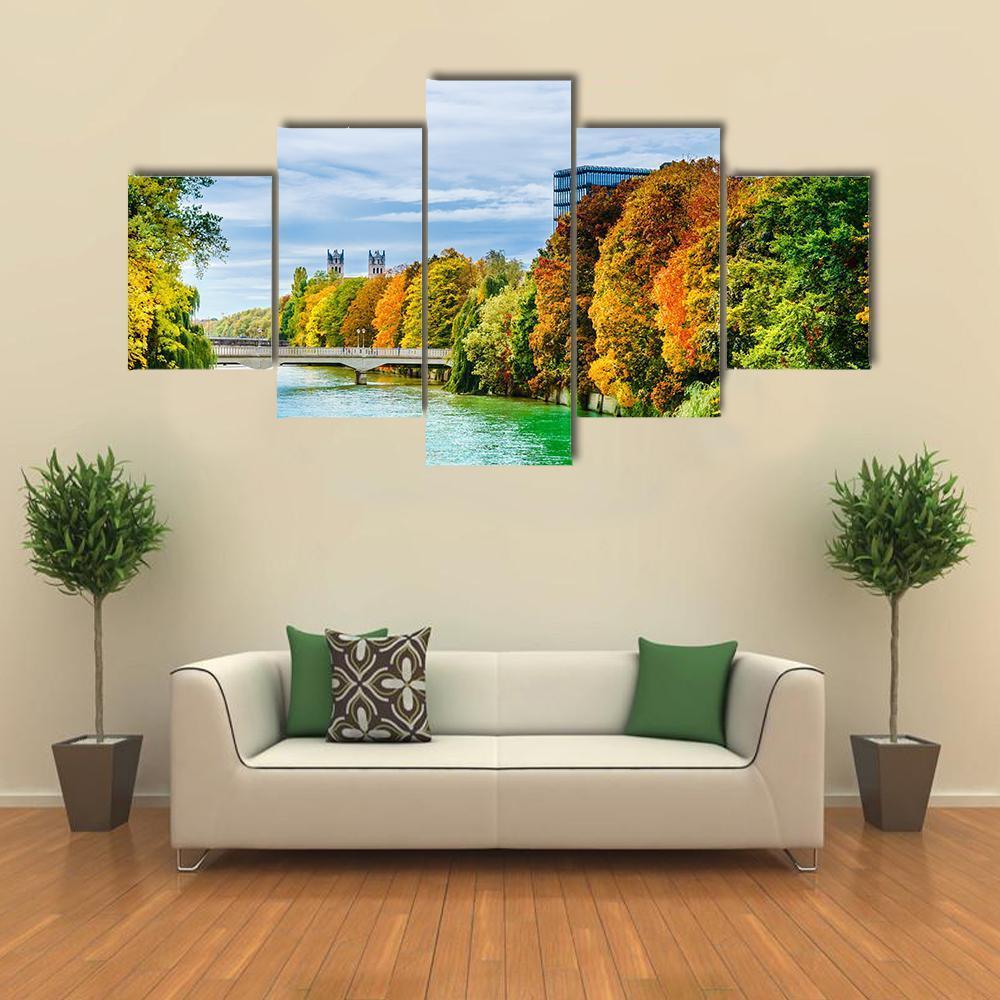 Isar River In Autumn Canvas Wall Art-5 Star-Gallery Wrap-62" x 32"-Tiaracle
