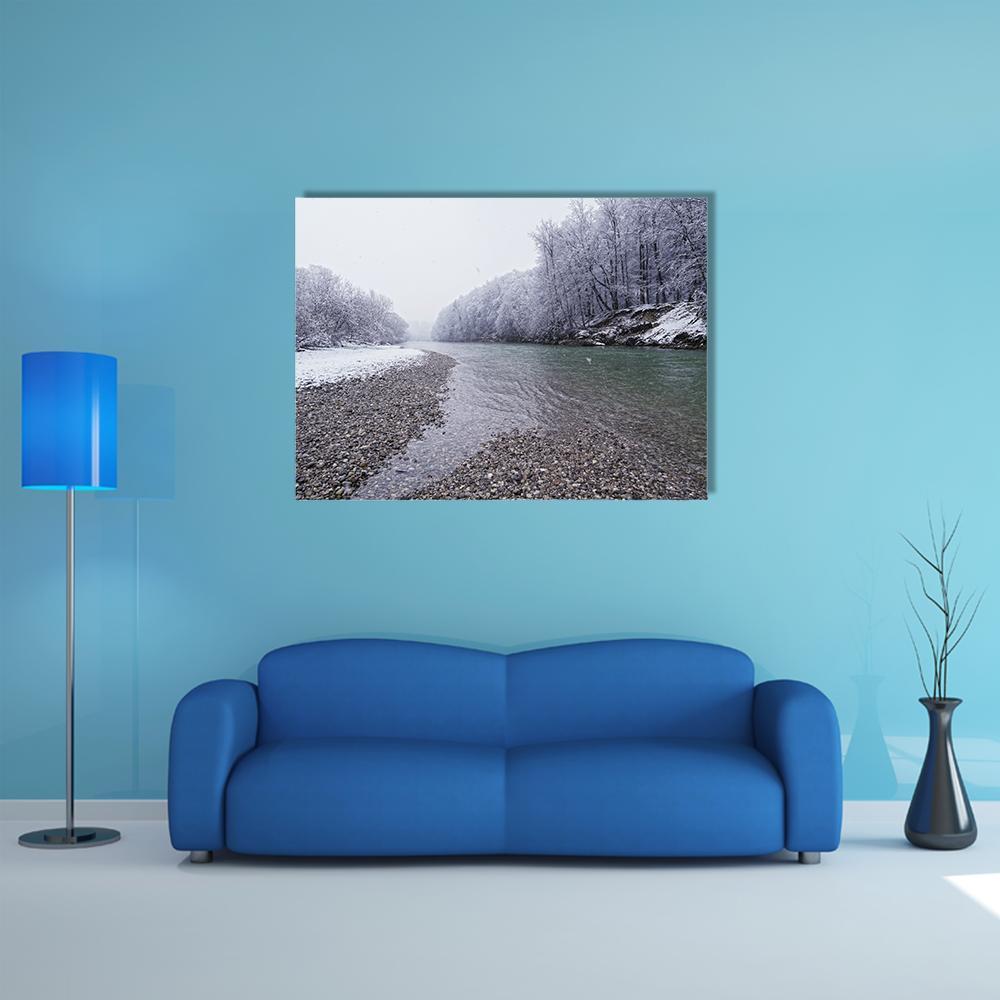 Isar River in Winter Canvas Wall Art in white, gray and blue, single panel hung on a wall