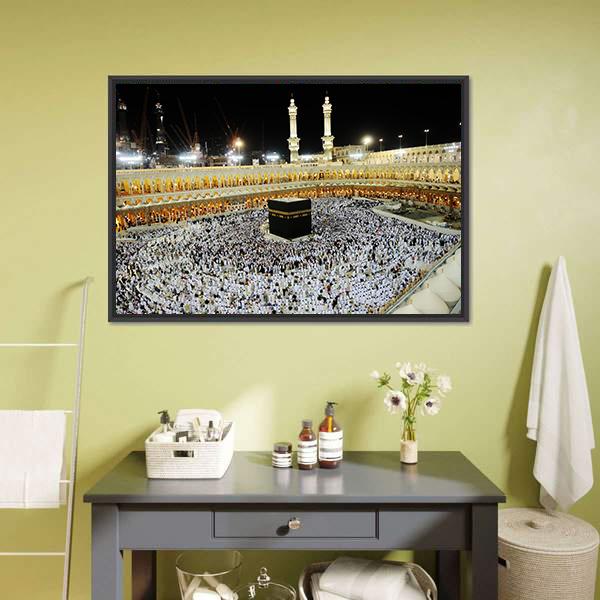 Kaaba at Masjid Al-haram, Makkah Canvas Wall Art in black, white and gold, framed canvas, product view on a white background