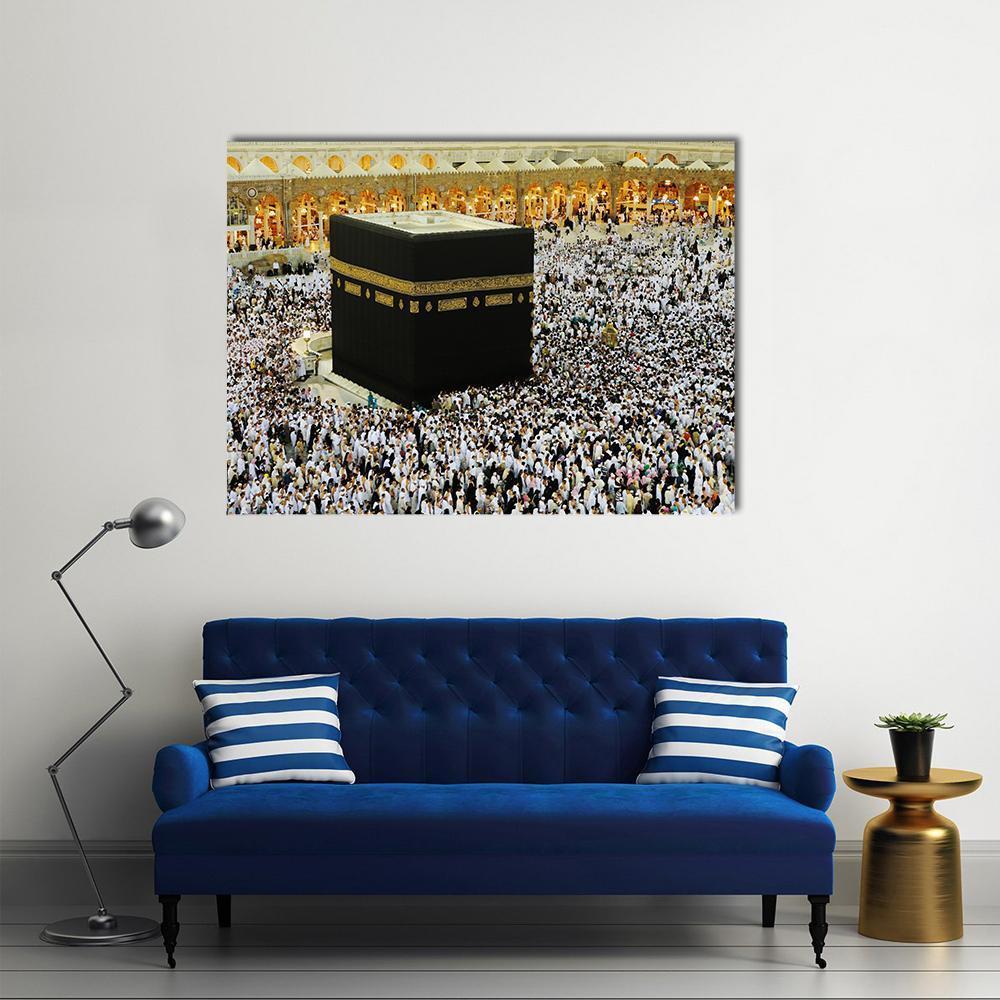 Kaaba in Mecca with Pilgrims Canvas Wall Art in black, white and gold, single panel hung on a wall
