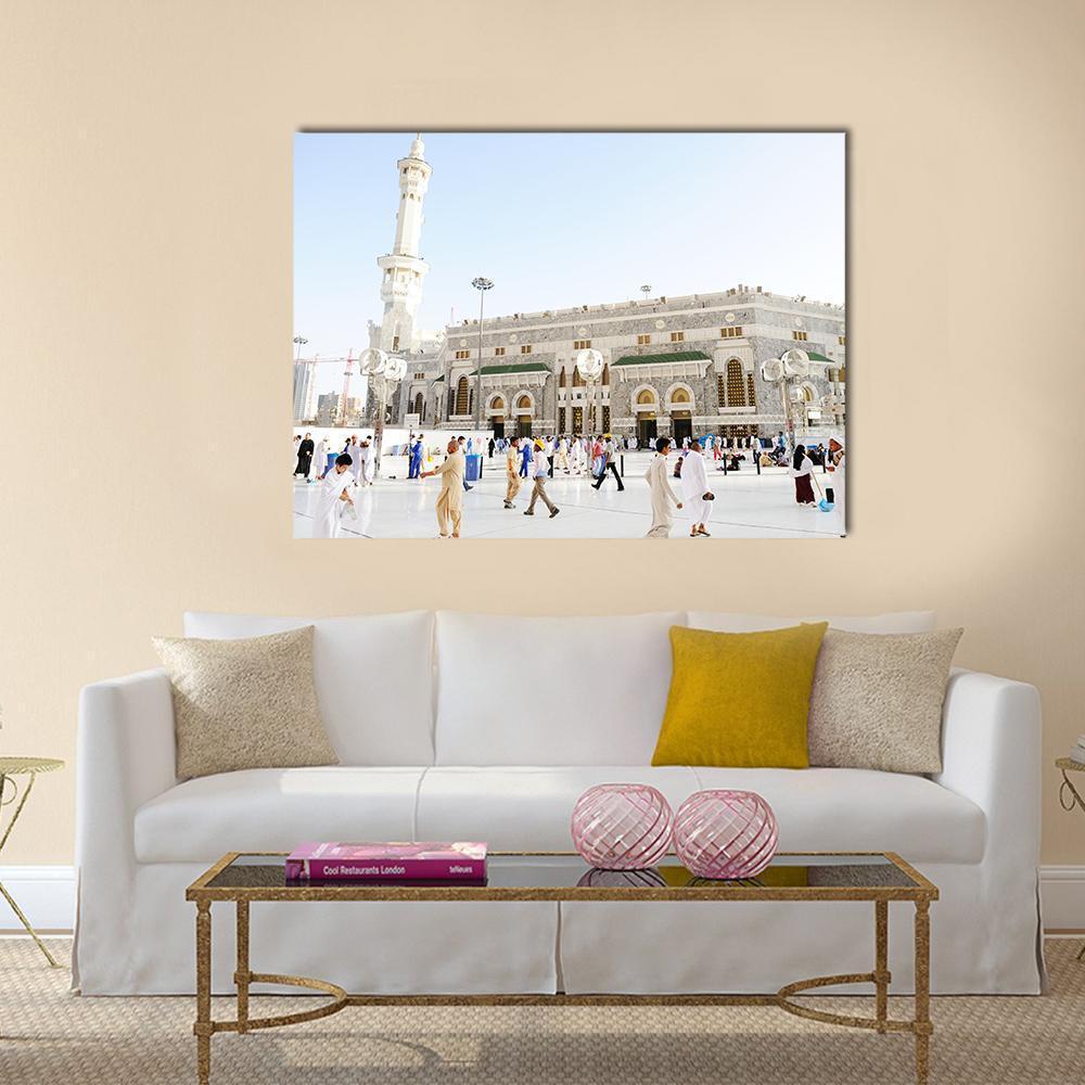 Masjid Al-haram in Mecca Canvas Wall Art in white, gray and beige, single panel hung on a wall