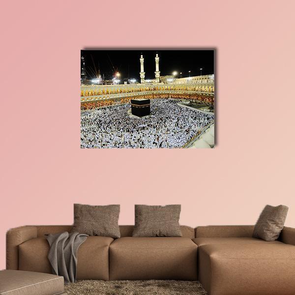 Kaaba at Masjid Al-haram, Makkah Canvas Wall Art in black, white and gold, single panel hung on a wall