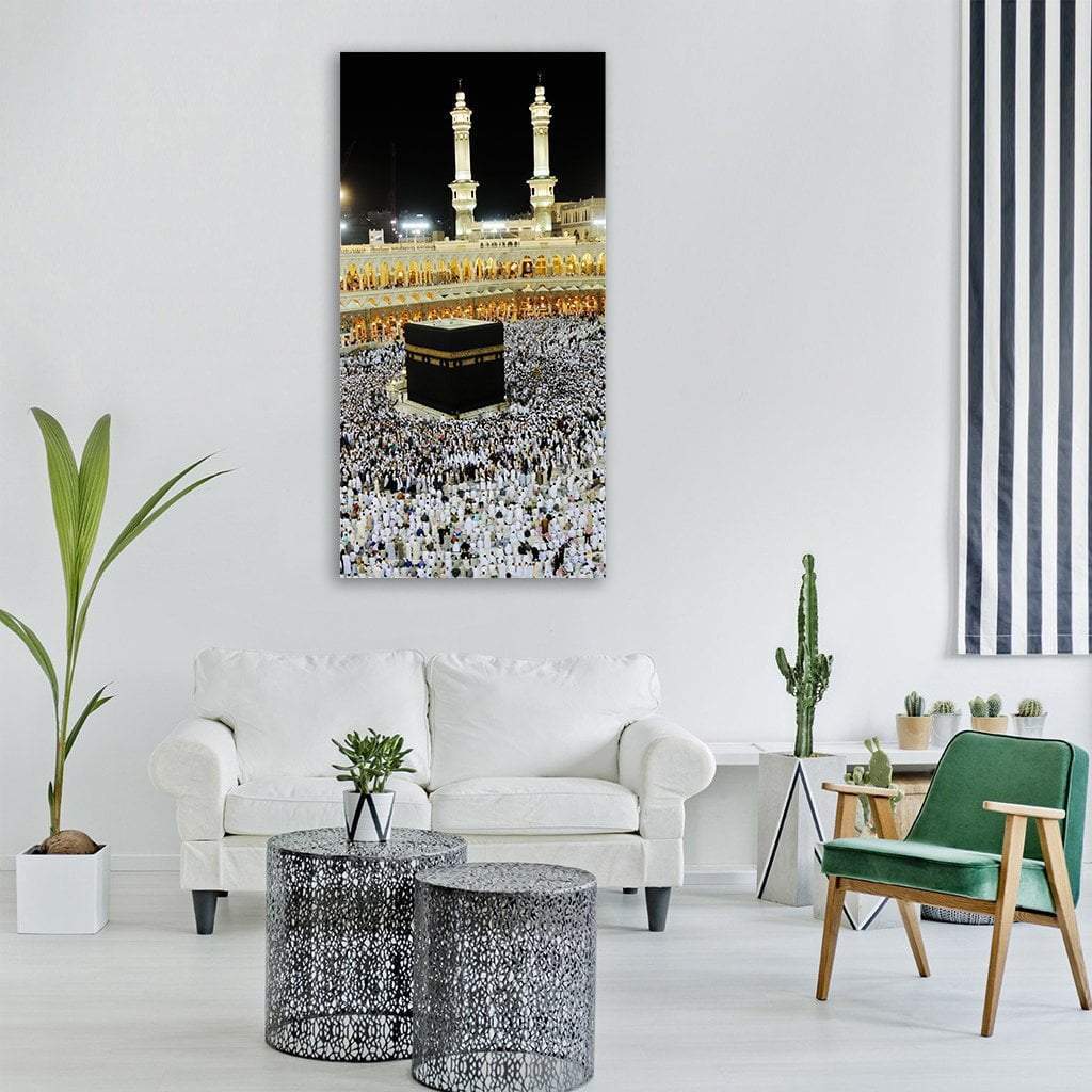 Kaaba at Masjid Al-haram Night View Vertical Canvas Wall Art in black, white and gold, single vertical panel hung on a wall