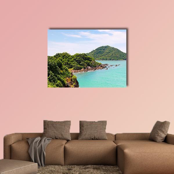 Nang Phaya Hill Tropical Shoreline Canvas Wall Art in green and blue, single panel hung on a wall