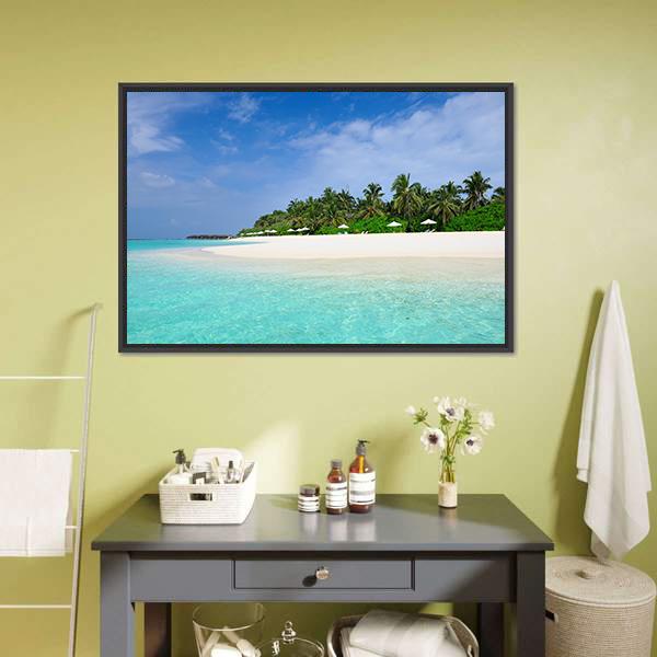 Island Beach At Maldives Canvas Wall Art-1 Piece-Floating Frame-24" x 16"-Tiaracle