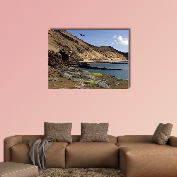 Galapagos Coastal Cliffs and Ocean Canvas Wall Art in beige, brown and blue, single panel hung on a wall