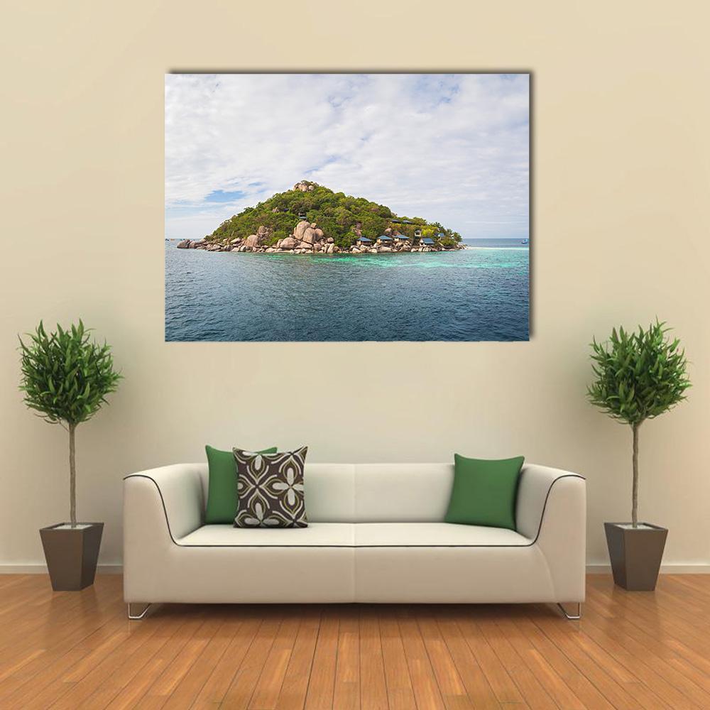 Koh Nang Yuan Island Scene Canvas Wall Art in white, green and blue, single panel hung on a wall