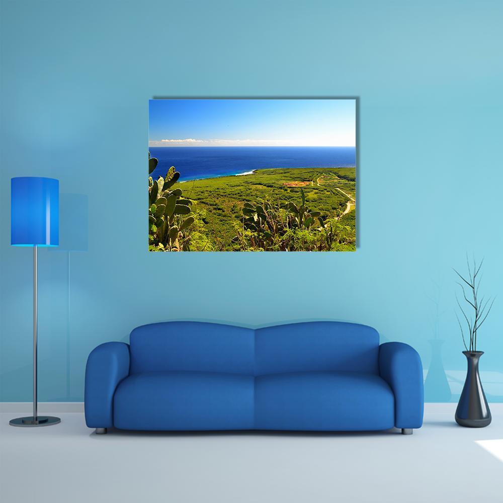 Saipan Coastline with Cactus Canvas Wall Art in green and blue, single panel hung on a wall