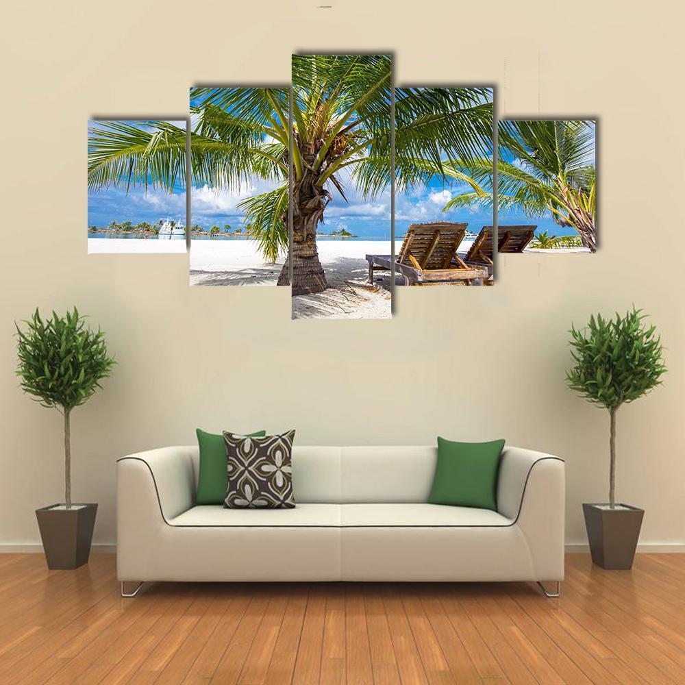 Island View From Palm Tree Canvas Wall Art-5 Star-Gallery Wrap-62" x 32"-Tiaracle