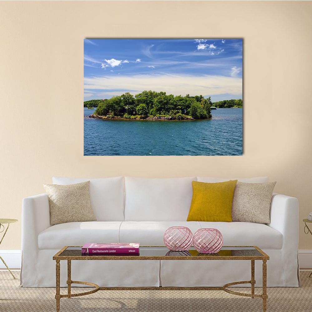Islands in National Park Canvas Wall Art in white, green and blue, single panel hung on a wall