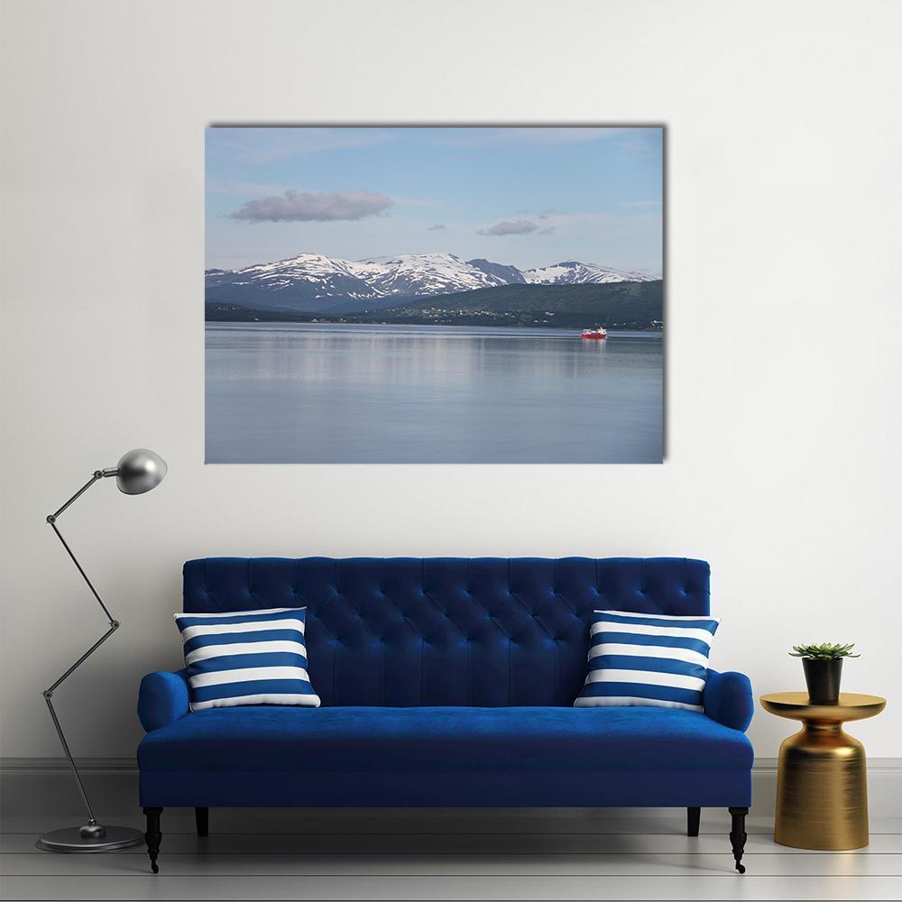 Islands of Kvaloya and Senja Canvas Wall Art in white, gray and blue, single panel hung on a wall