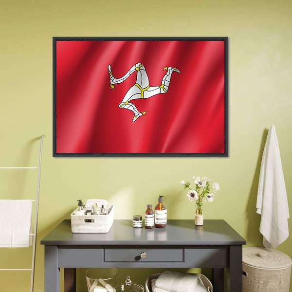 Isle of Man Flag with Triskelion Canvas Wall Art in white and red, framed canvas, product view on a white background