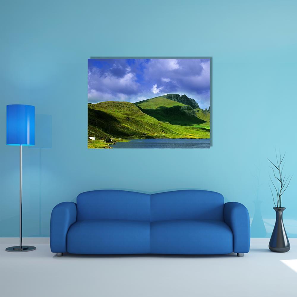 Isle of Skye Highlands Landscape Canvas Wall Art in green and blue, single panel hung on a wall