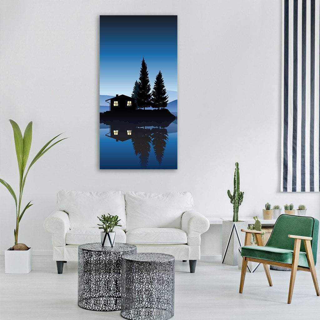 Islet Cabin on Reflective Lake Vertical Canvas Wall Art in black, blue and navy, single vertical panel hung on a wall
