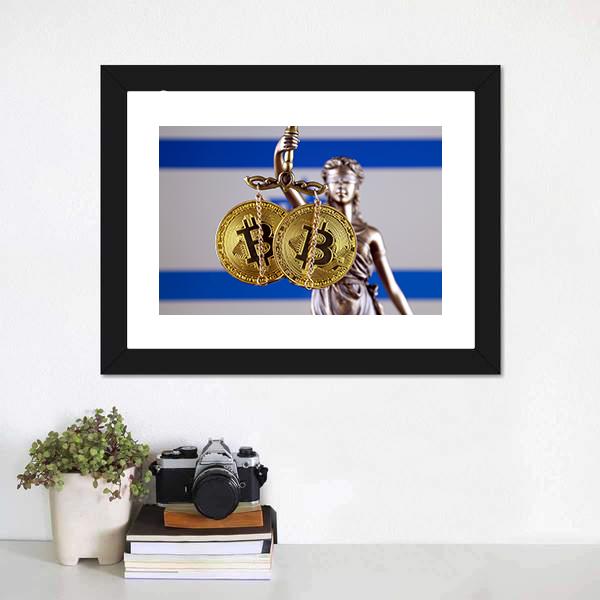 Israel Flag With Bitcoin Canvas Wall Art-1 Piece-Framed Print-20" x 16"-Tiaracle