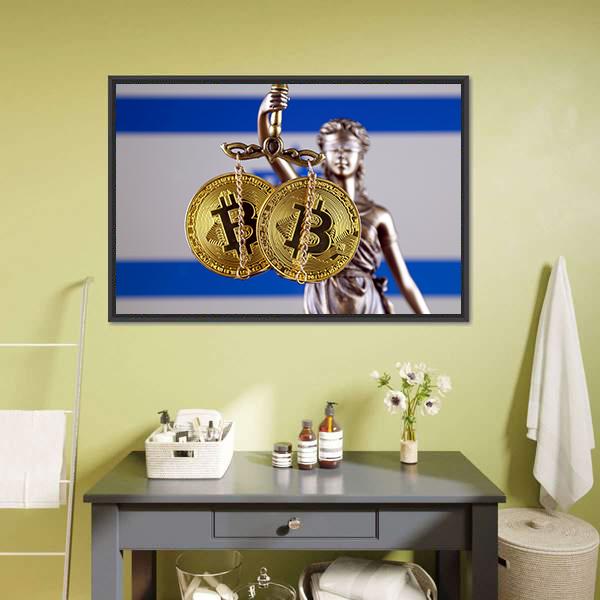 Israel Flag With Bitcoin Canvas Wall Art-1 Piece-Floating Frame-24" x 16"-Tiaracle