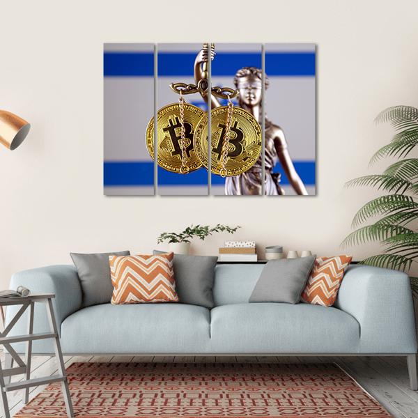 Lady Justice with Bitcoin Scales and Israeli Flag Canvas Wall Art in white, gold and blue, single panel hung on a wall